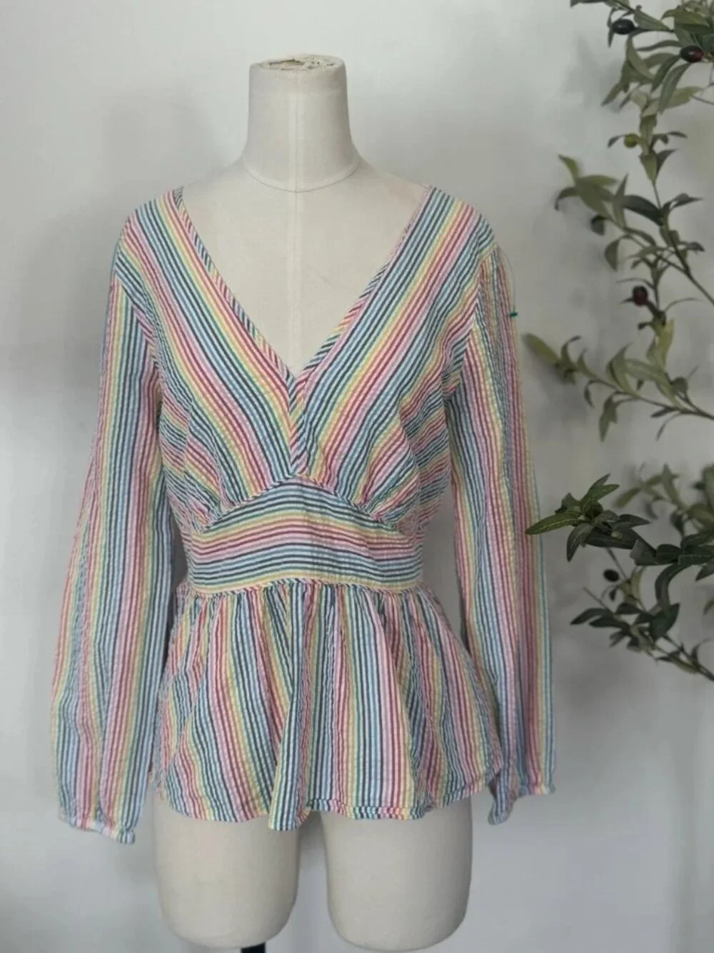 J. crew. V-neck peplum top in rainbow seersucker
